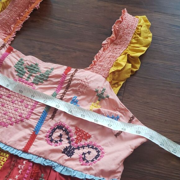 Farm Rio Tropical Mini Dress XL Chic Feminine Summer Embroided Cotton Tiered - Picture 10 of 12